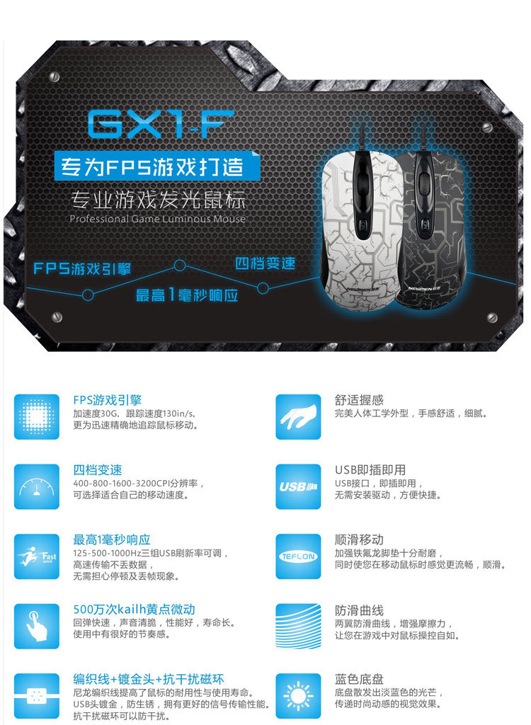 新贵GX1-F有线办公鼠标-专业电竞光电鼠标-发光快响应